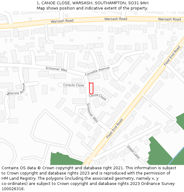 1, CANOE CLOSE, WARSASH, SOUTHAMPTON, SO31 9AH: Location map and indicative extent of plot