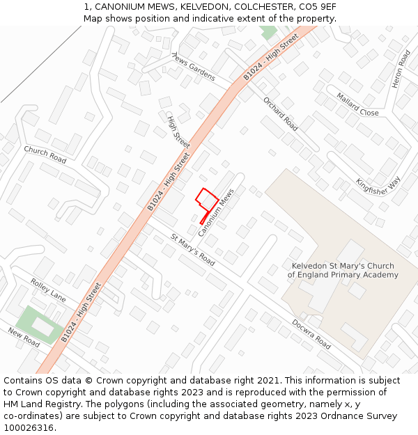 1, CANONIUM MEWS, KELVEDON, COLCHESTER, CO5 9EF: Location map and indicative extent of plot