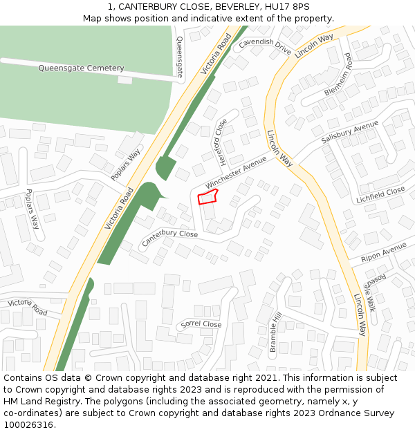 1, CANTERBURY CLOSE, BEVERLEY, HU17 8PS: Location map and indicative extent of plot