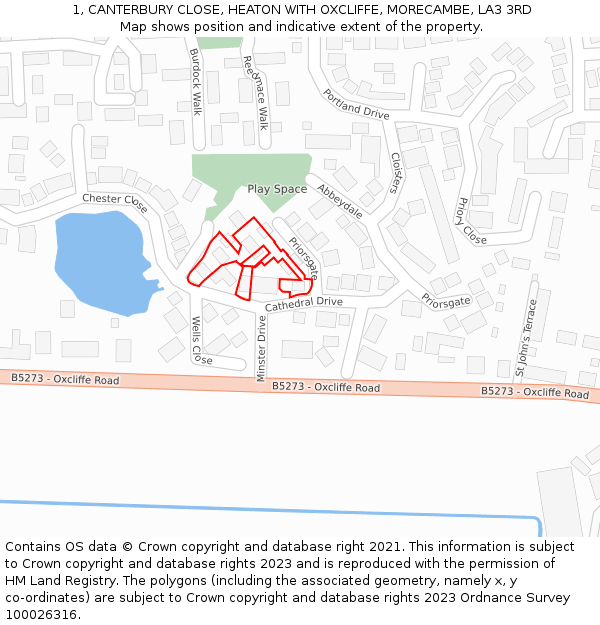 1, CANTERBURY CLOSE, HEATON WITH OXCLIFFE, MORECAMBE, LA3 3RD: Location map and indicative extent of plot