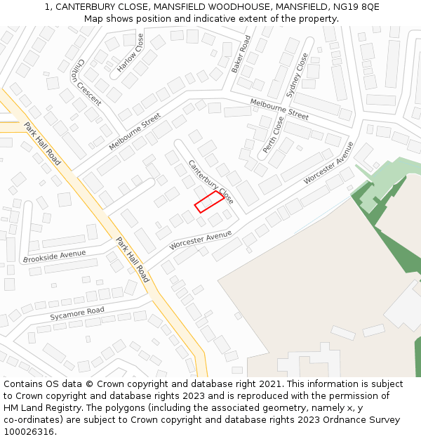 1, CANTERBURY CLOSE, MANSFIELD WOODHOUSE, MANSFIELD, NG19 8QE: Location map and indicative extent of plot