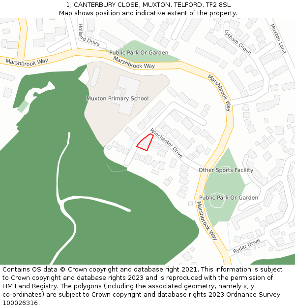 1, CANTERBURY CLOSE, MUXTON, TELFORD, TF2 8SL: Location map and indicative extent of plot