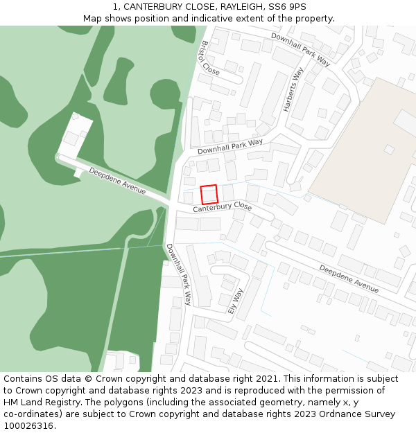 1, CANTERBURY CLOSE, RAYLEIGH, SS6 9PS: Location map and indicative extent of plot