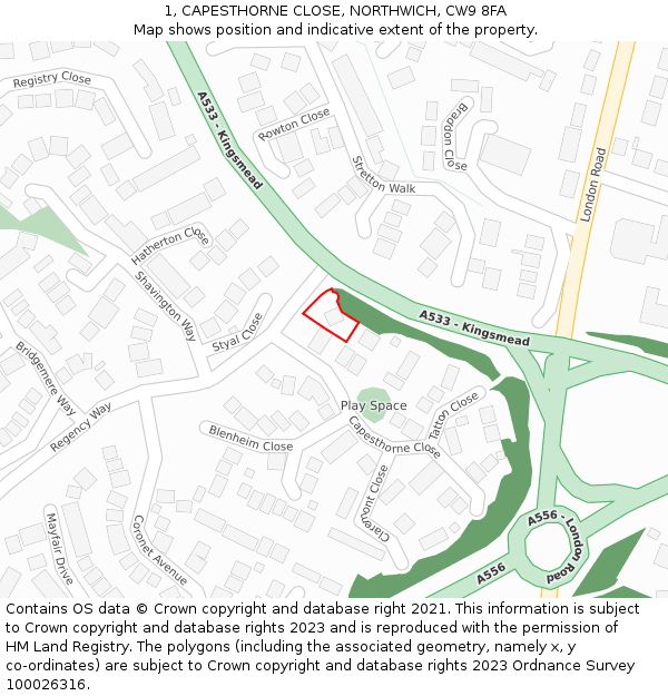 1, CAPESTHORNE CLOSE, NORTHWICH, CW9 8FA: Location map and indicative extent of plot