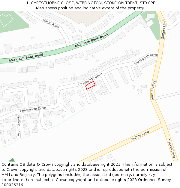 1, CAPESTHORNE CLOSE, WERRINGTON, STOKE-ON-TRENT, ST9 0PF: Location map and indicative extent of plot