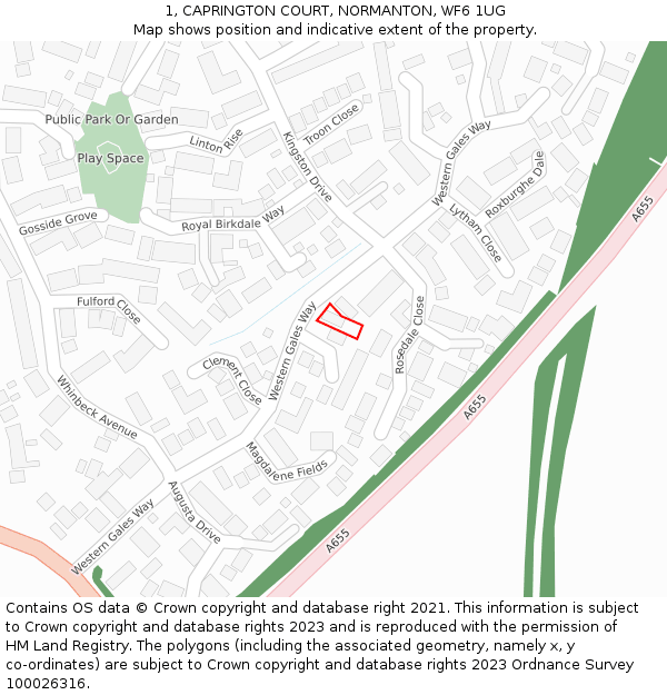 1, CAPRINGTON COURT, NORMANTON, WF6 1UG: Location map and indicative extent of plot