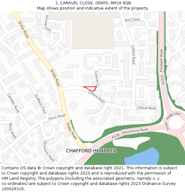 1, CARAVEL CLOSE, GRAYS, RM16 6QB: Location map and indicative extent of plot