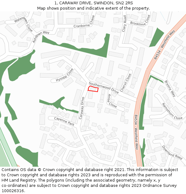 1, CARAWAY DRIVE, SWINDON, SN2 2RS: Location map and indicative extent of plot