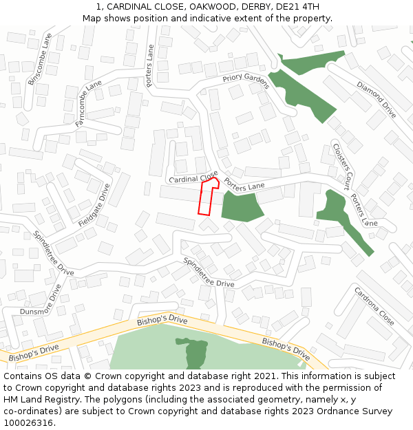 1, CARDINAL CLOSE, OAKWOOD, DERBY, DE21 4TH: Location map and indicative extent of plot