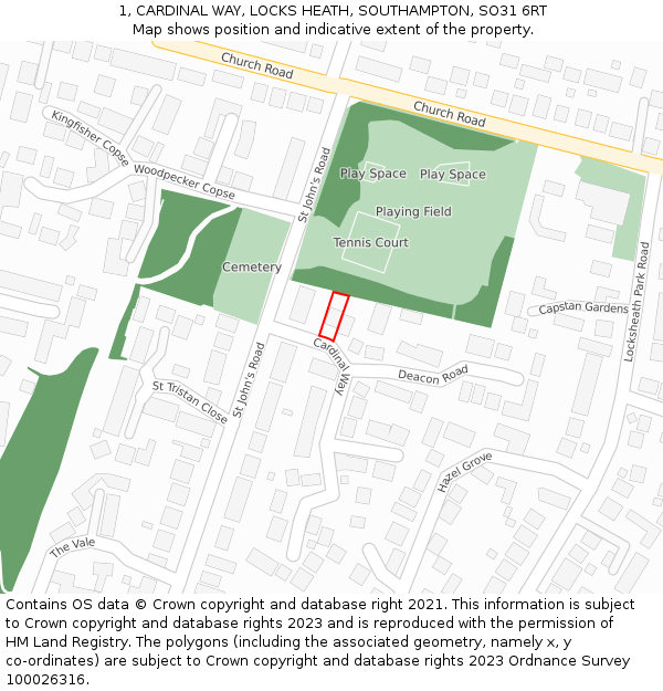 1, CARDINAL WAY, LOCKS HEATH, SOUTHAMPTON, SO31 6RT: Location map and indicative extent of plot