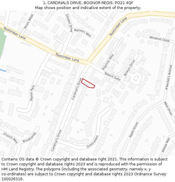 1, CARDINALS DRIVE, BOGNOR REGIS, PO21 4QF: Location map and indicative extent of plot