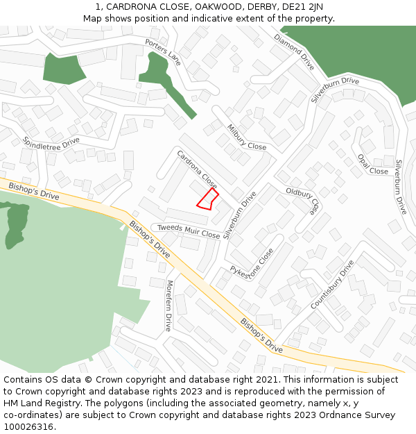 1, CARDRONA CLOSE, OAKWOOD, DERBY, DE21 2JN: Location map and indicative extent of plot
