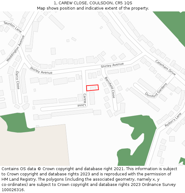 1, CAREW CLOSE, COULSDON, CR5 1QS: Location map and indicative extent of plot