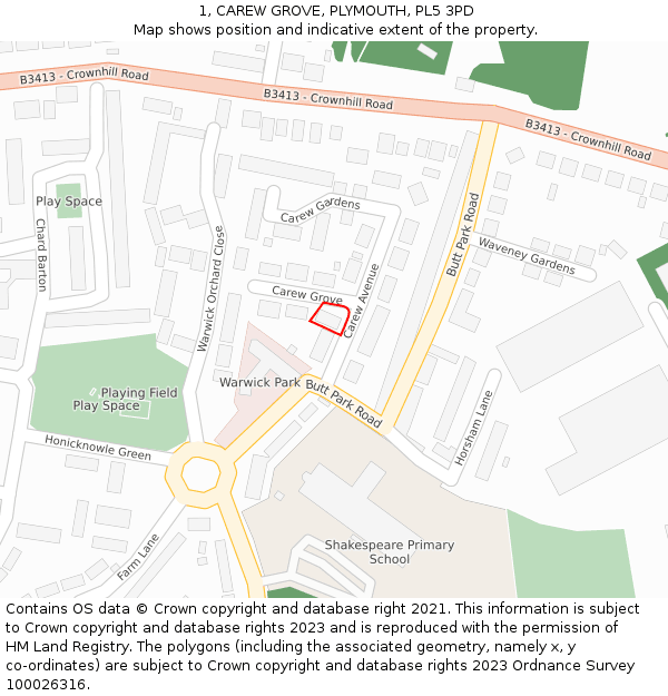 1, CAREW GROVE, PLYMOUTH, PL5 3PD: Location map and indicative extent of plot