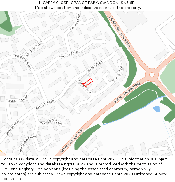 1, CAREY CLOSE, GRANGE PARK, SWINDON, SN5 6BH: Location map and indicative extent of plot