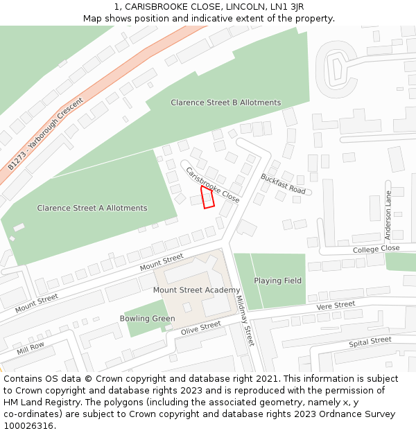 1, CARISBROOKE CLOSE, LINCOLN, LN1 3JR: Location map and indicative extent of plot