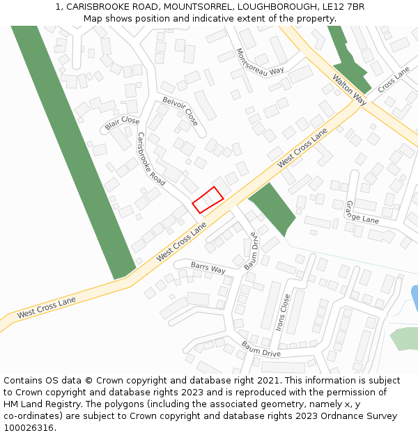 1, CARISBROOKE ROAD, MOUNTSORREL, LOUGHBOROUGH, LE12 7BR: Location map and indicative extent of plot