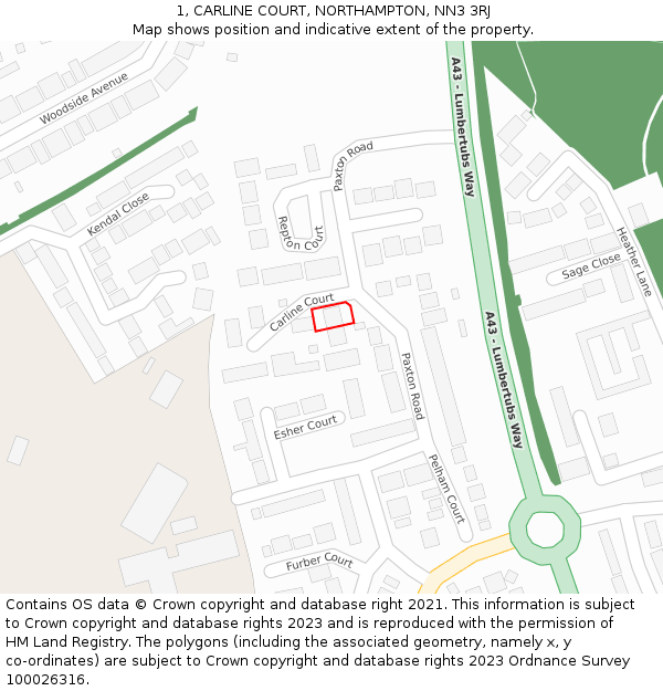 1, CARLINE COURT, NORTHAMPTON, NN3 3RJ: Location map and indicative extent of plot