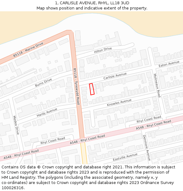 1, CARLISLE AVENUE, RHYL, LL18 3UD: Location map and indicative extent of plot