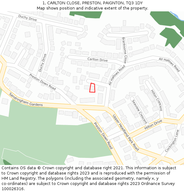 1, CARLTON CLOSE, PRESTON, PAIGNTON, TQ3 1DY: Location map and indicative extent of plot