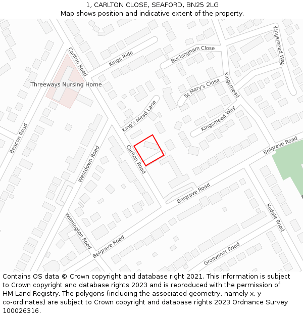 1, CARLTON CLOSE, SEAFORD, BN25 2LG: Location map and indicative extent of plot