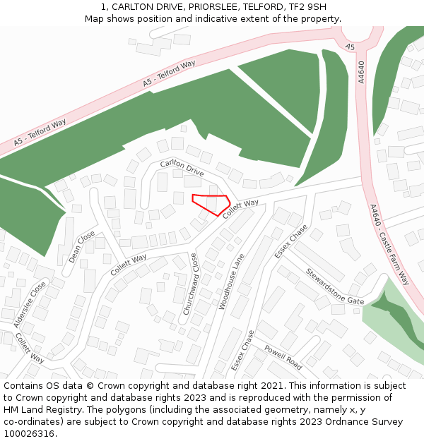 1, CARLTON DRIVE, PRIORSLEE, TELFORD, TF2 9SH: Location map and indicative extent of plot