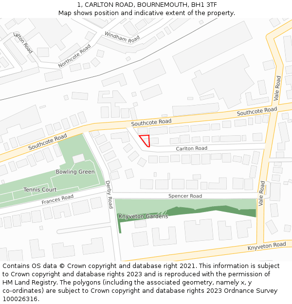 1, CARLTON ROAD, BOURNEMOUTH, BH1 3TF: Location map and indicative extent of plot