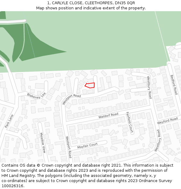 1, CARLYLE CLOSE, CLEETHORPES, DN35 0QR: Location map and indicative extent of plot