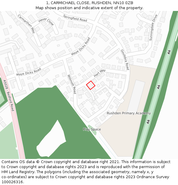 1, CARMICHAEL CLOSE, RUSHDEN, NN10 0ZB: Location map and indicative extent of plot