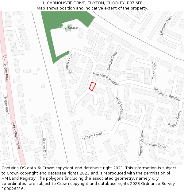 1, CARNOUSTIE DRIVE, EUXTON, CHORLEY, PR7 6FR: Location map and indicative extent of plot