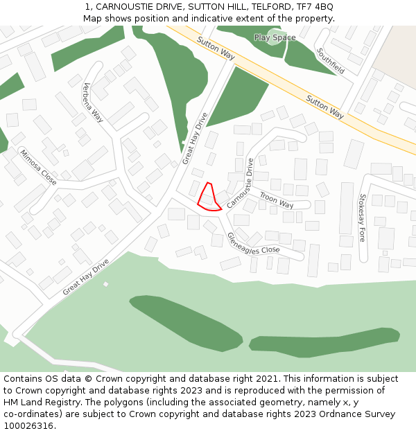 1, CARNOUSTIE DRIVE, SUTTON HILL, TELFORD, TF7 4BQ: Location map and indicative extent of plot