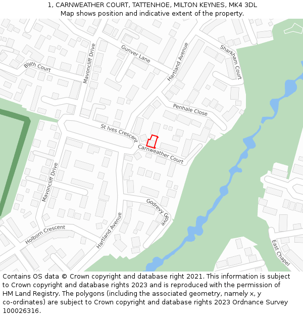 1, CARNWEATHER COURT, TATTENHOE, MILTON KEYNES, MK4 3DL: Location map and indicative extent of plot