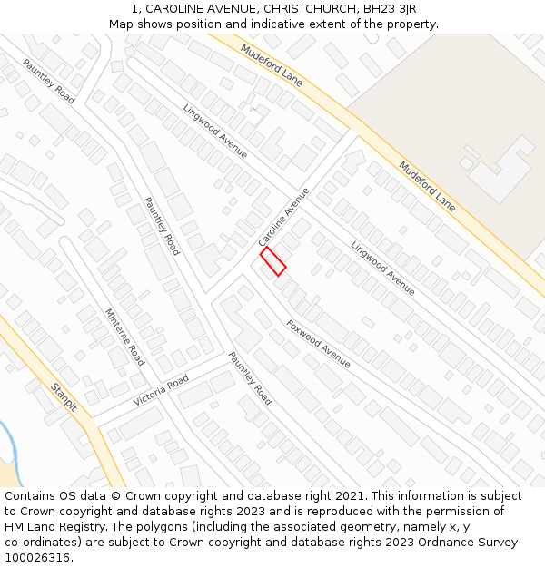 1, CAROLINE AVENUE, CHRISTCHURCH, BH23 3JR: Location map and indicative extent of plot