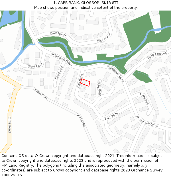 1, CARR BANK, GLOSSOP, SK13 8TT: Location map and indicative extent of plot