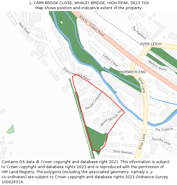 1, CARR BROOK CLOSE, WHALEY BRIDGE, HIGH PEAK, SK23 7GX: Location map and indicative extent of plot