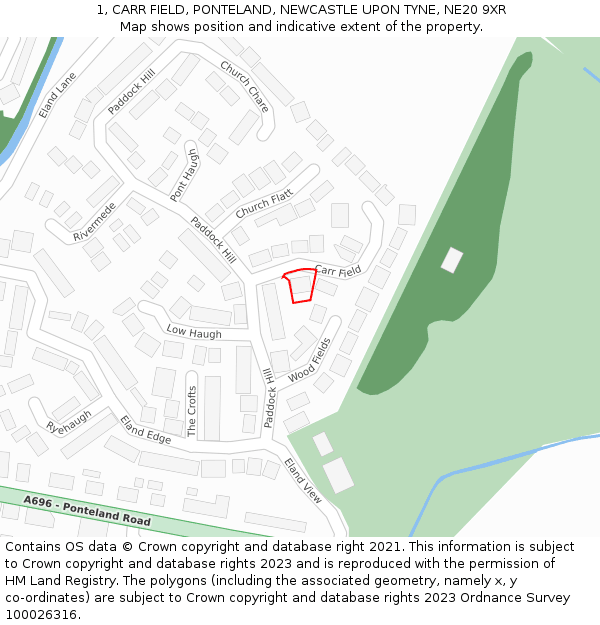 1, CARR FIELD, PONTELAND, NEWCASTLE UPON TYNE, NE20 9XR: Location map and indicative extent of plot