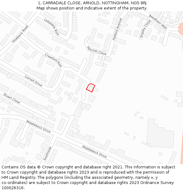 1, CARRADALE CLOSE, ARNOLD, NOTTINGHAM, NG5 8RJ: Location map and indicative extent of plot