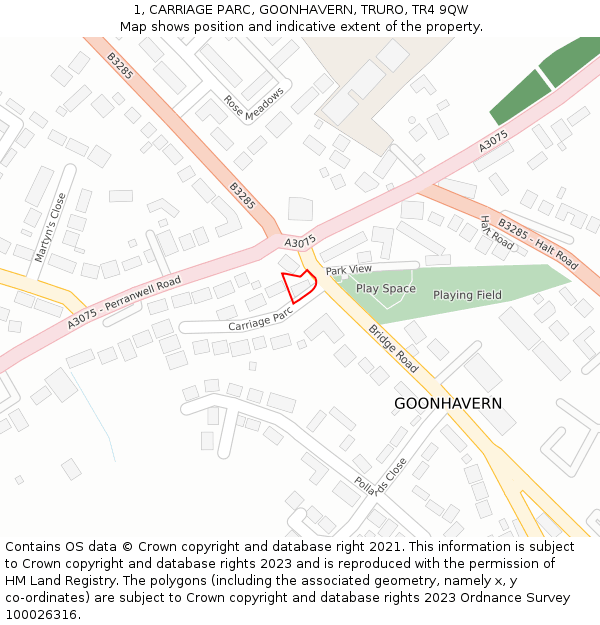 1, CARRIAGE PARC, GOONHAVERN, TRURO, TR4 9QW: Location map and indicative extent of plot