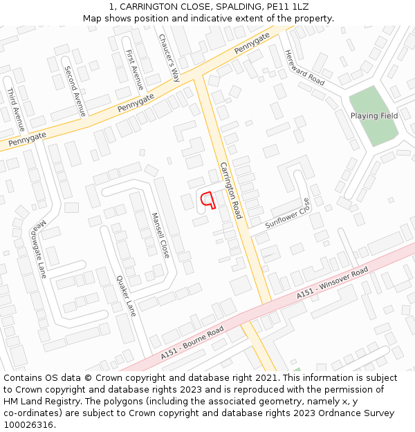 1, CARRINGTON CLOSE, SPALDING, PE11 1LZ: Location map and indicative extent of plot