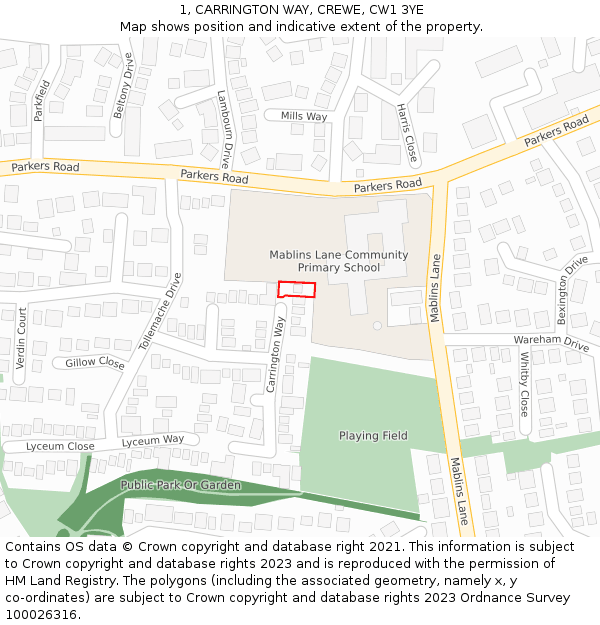 1, CARRINGTON WAY, CREWE, CW1 3YE: Location map and indicative extent of plot