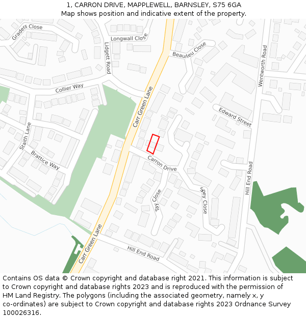 1, CARRON DRIVE, MAPPLEWELL, BARNSLEY, S75 6GA: Location map and indicative extent of plot