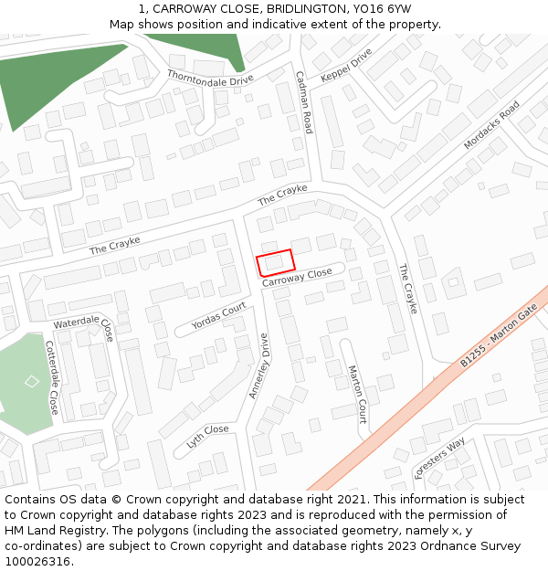 1, CARROWAY CLOSE, BRIDLINGTON, YO16 6YW: Location map and indicative extent of plot