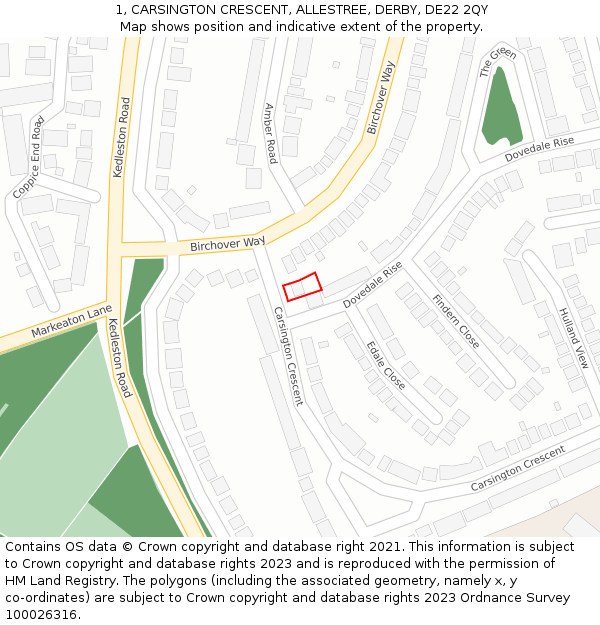 1, CARSINGTON CRESCENT, ALLESTREE, DERBY, DE22 2QY: Location map and indicative extent of plot