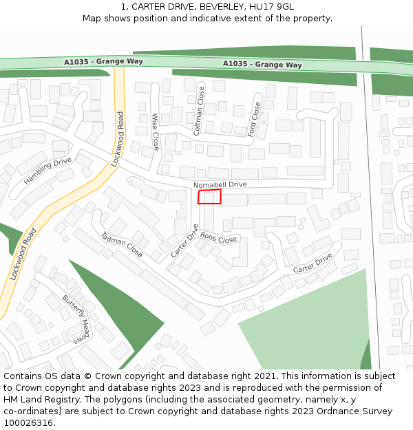 1, CARTER DRIVE, BEVERLEY, HU17 9GL: Location map and indicative extent of plot