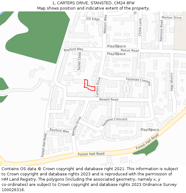 1, CARTERS DRIVE, STANSTED, CM24 8FW: Location map and indicative extent of plot