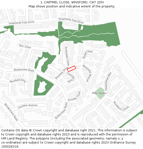 1, CARTMEL CLOSE, WINSFORD, CW7 2DN: Location map and indicative extent of plot