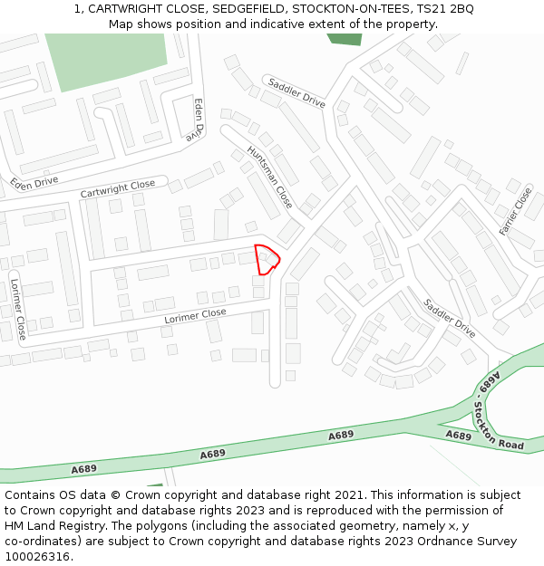 1, CARTWRIGHT CLOSE, SEDGEFIELD, STOCKTON-ON-TEES, TS21 2BQ: Location map and indicative extent of plot