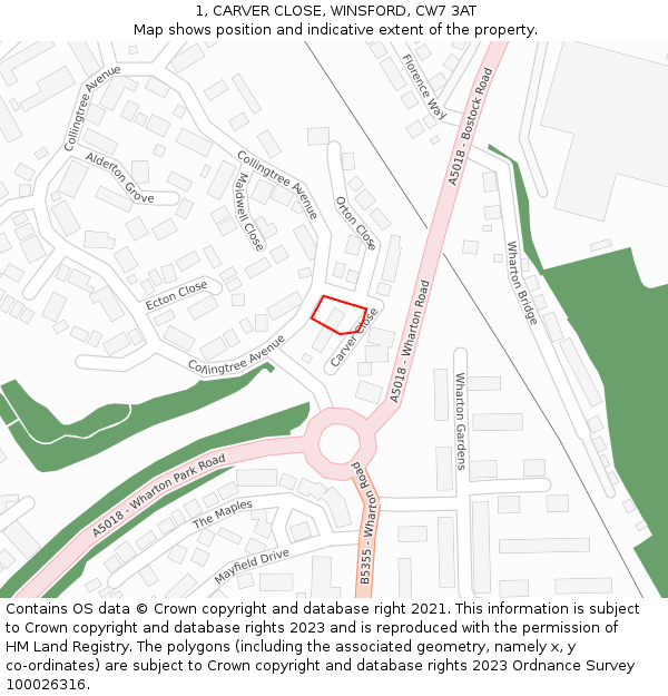 1, CARVER CLOSE, WINSFORD, CW7 3AT: Location map and indicative extent of plot