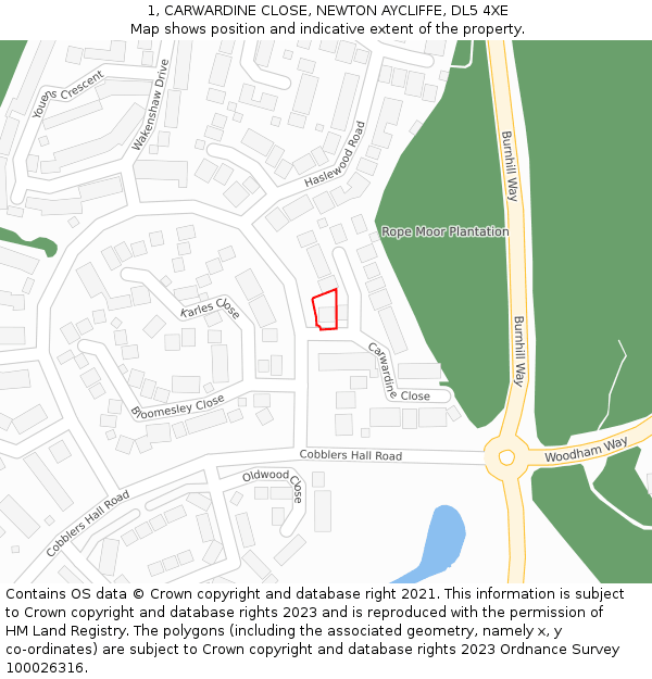 1, CARWARDINE CLOSE, NEWTON AYCLIFFE, DL5 4XE: Location map and indicative extent of plot