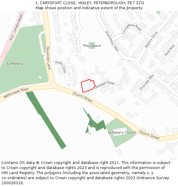 1, CARYSFORT CLOSE, YAXLEY, PETERBOROUGH, PE7 3ZG: Location map and indicative extent of plot